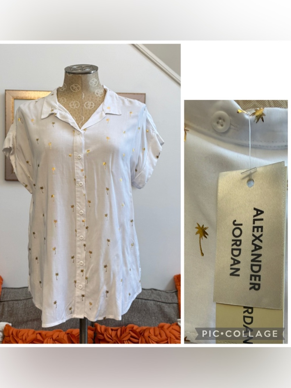 ❣️🆕Alexander Jordan White / Gold Foil Palm Tree Short Sleeve Blouse❣️